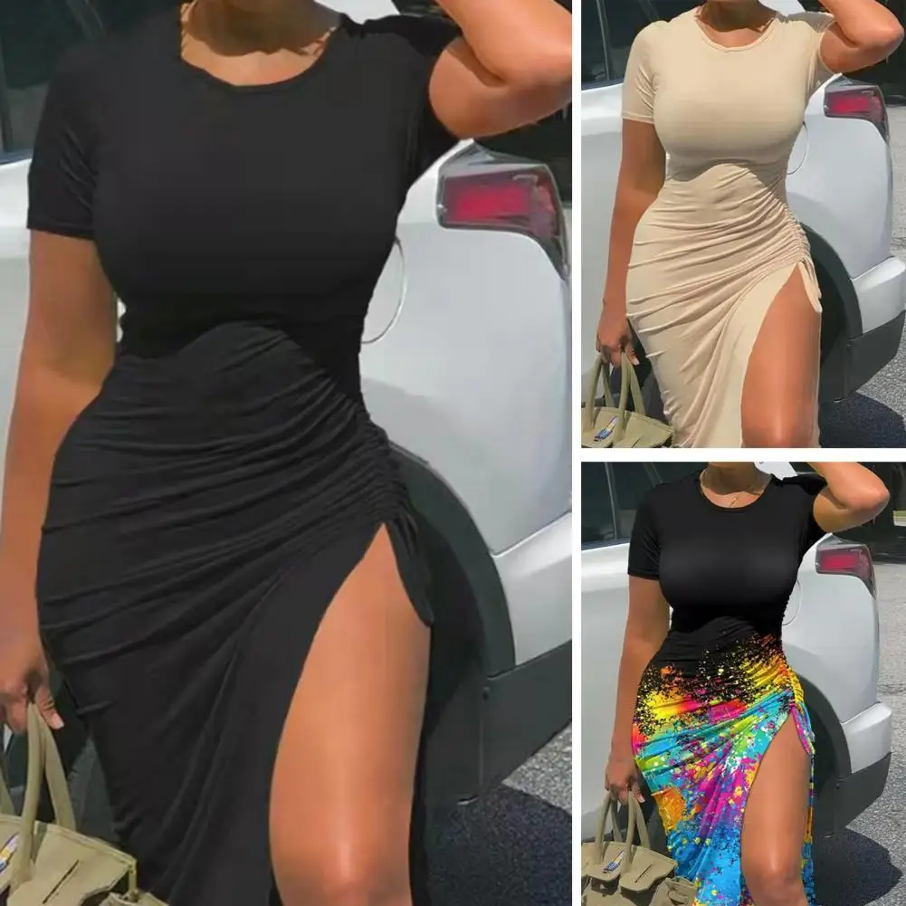 

40%HOT Lady Sheath Dress Bodycon O Neck Pleated Drawstring Sheath Dress Clubwear