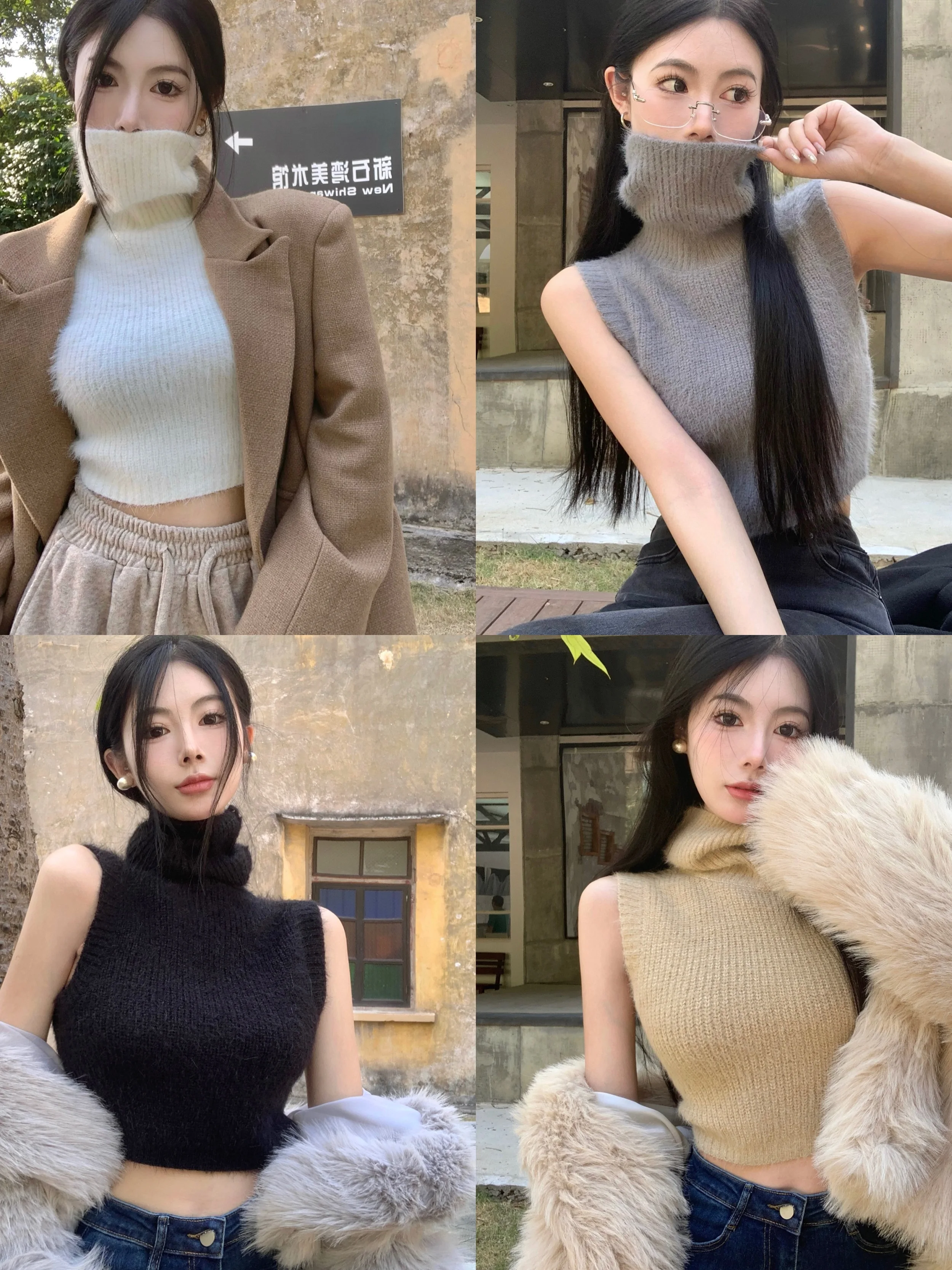 High Collar Sleeveless Knitted Vest Women's Autumn Winter Grey Spicy Girl Short Sweater Slim Slim Long Sleeve Undercoat Top