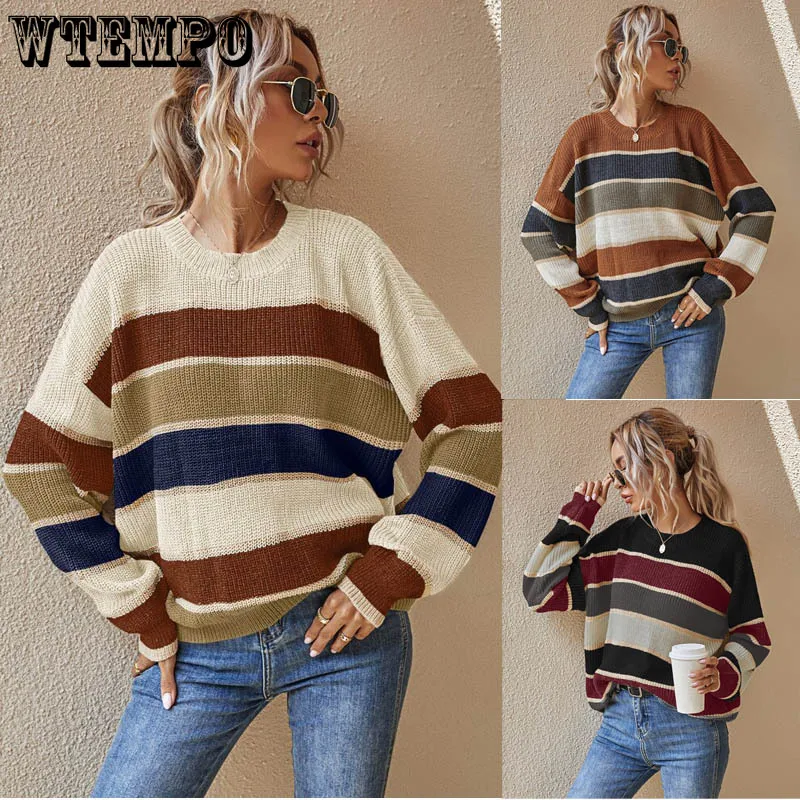 

Pullover Blue Striped Round Neck Sweater Autumn and Winter Temperament Commuter Women's Sweater Drop Shipping