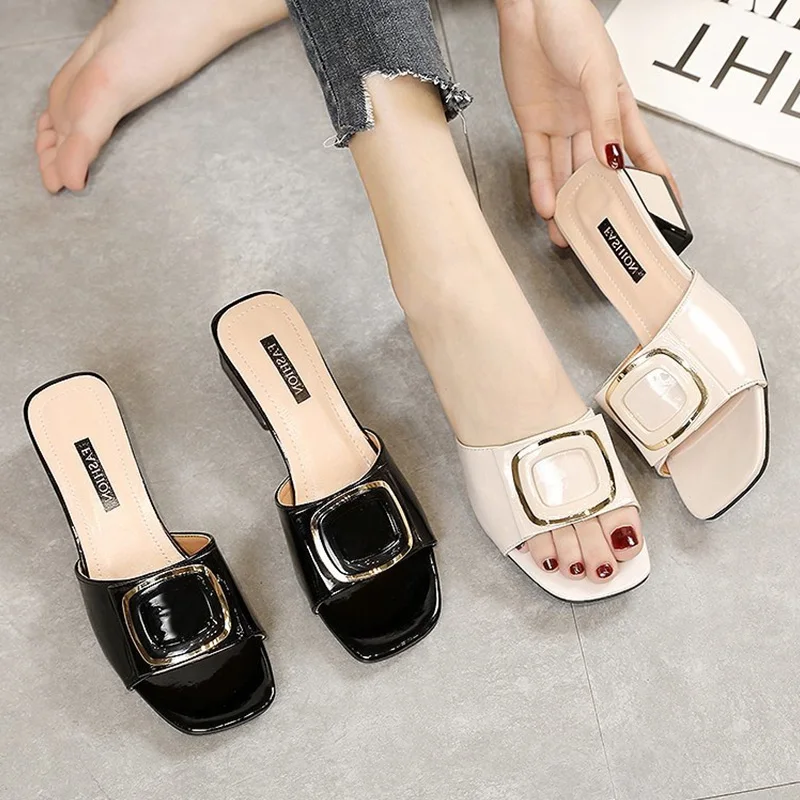 

Slippers Casual Shoes Woman 2023 Loafers Square heel Med Pantofle Luxury Block New Fashion Rome Rubber Slides Spring PU Hoof Hee