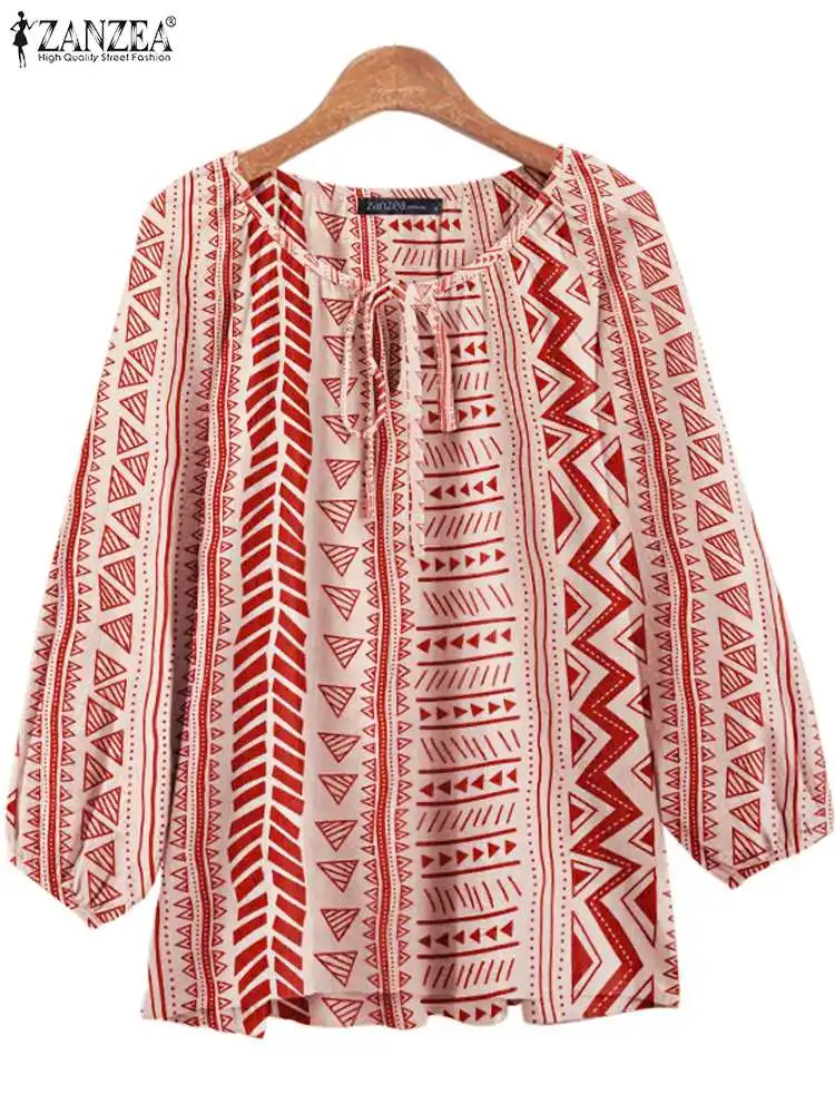 

ZANZEA Women Oversized Tops Retro Cotton 3/4 Sleeve O-neck Lace Up Blusas Summer Holiday Vintage Printing Fashion Blouse Shirt