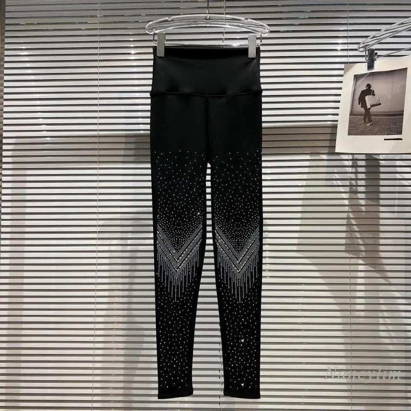 

2022 Autumn New Gradient Rhinestone Stretch Fleece Leggings for Women Slim Fit Yoga Sport Legging High Waist Black Skinny