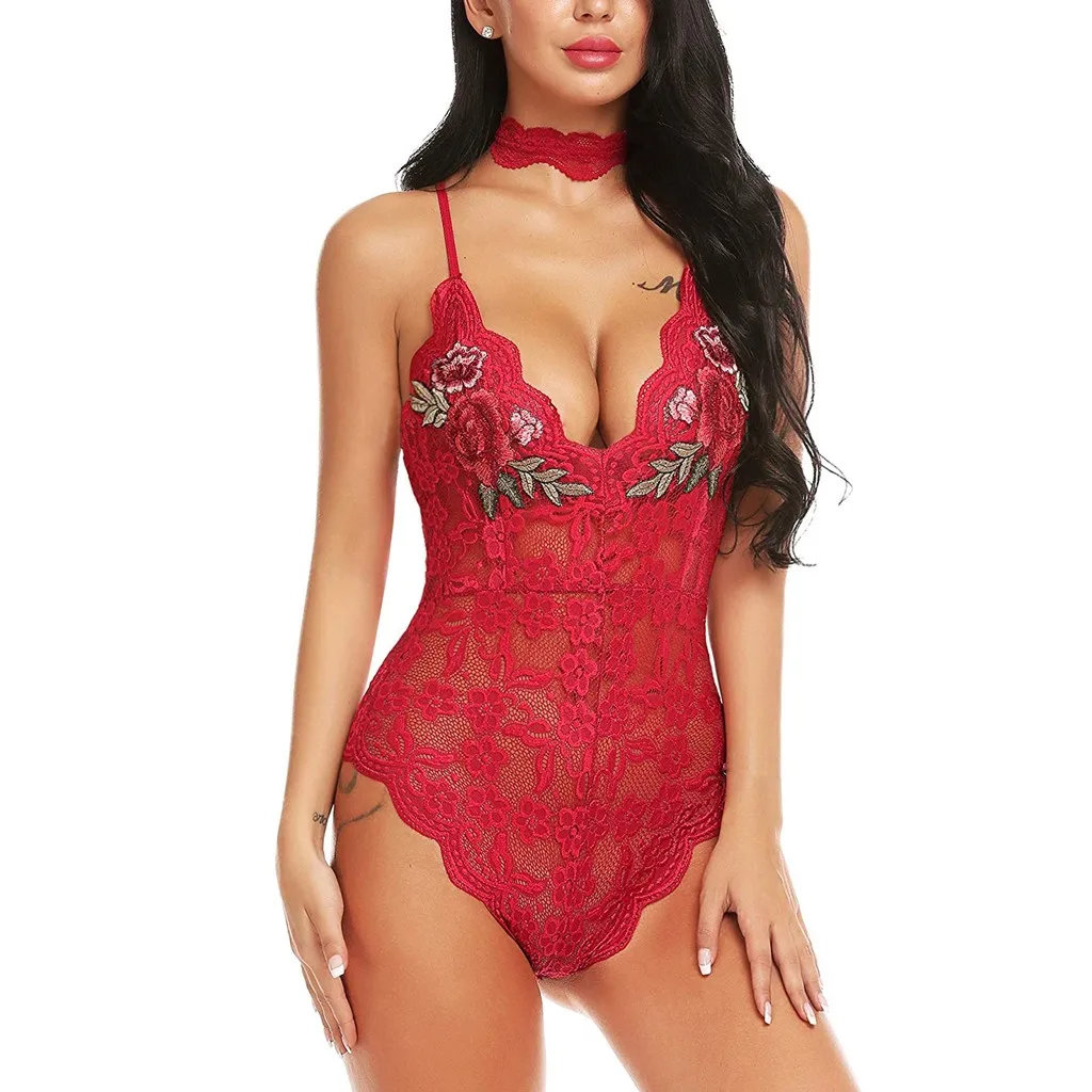 

Porno Women Sexy Lace Bodysuit Lingerie Floral Sleeveless Perspective Romper Sexy Bodysuit One Piece Teddies Exotic Clothing