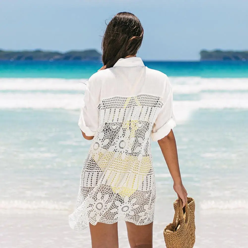 

Above Knee Stylish Solid Color Perspective Beach Dress Patchwork Beach Cover-up Soft Fabric for Pool