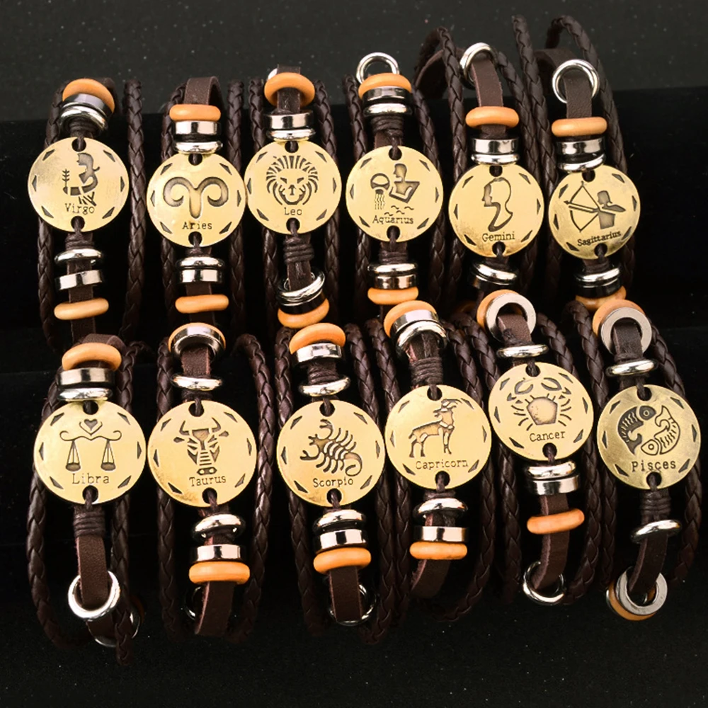 

New Fashion Constellation 12 Constellation Bracelet Charm Leather Bracelet Ladies Men Birthday Jewelry Gift Jewelry Bracelet