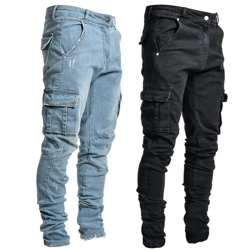 

New Side Pocket Cargo Stretch Jeans Men Pencil Pants Casual Cotton Ripped Jeans Distressed Hole Fashion Solid Skinny Denim Pants