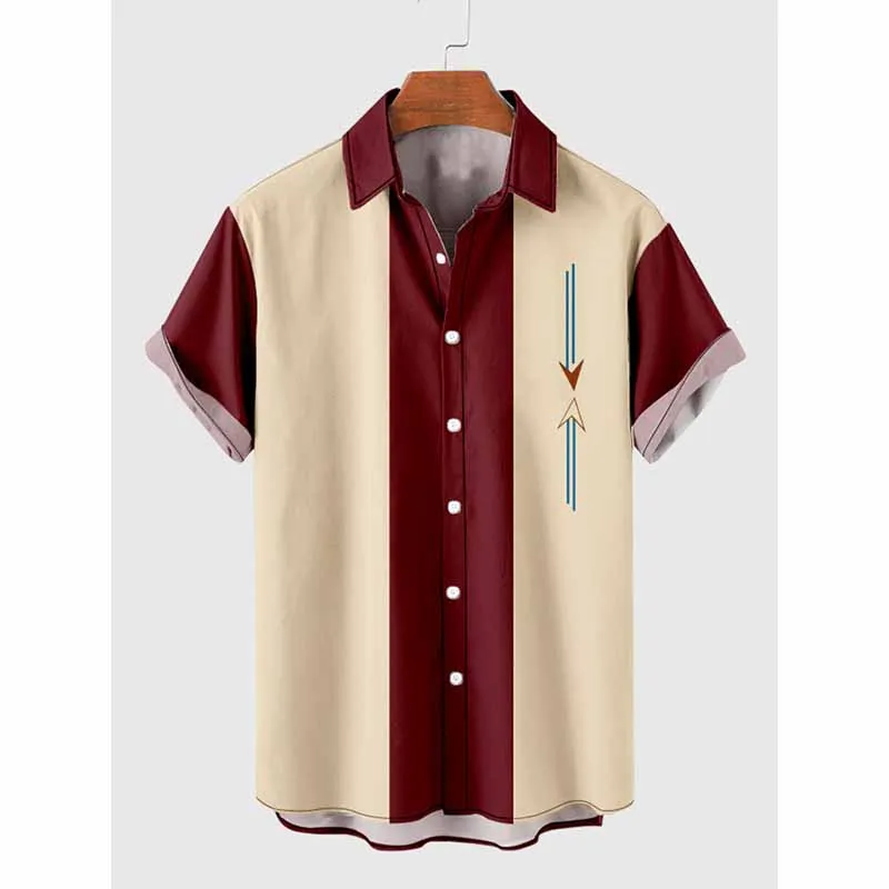 

50s Beige & Red-Brown Stitching Geometrical Element Men‘s Holiday Breathable Short Sleeve Tee Shirt Men Oversized Blouse Tops