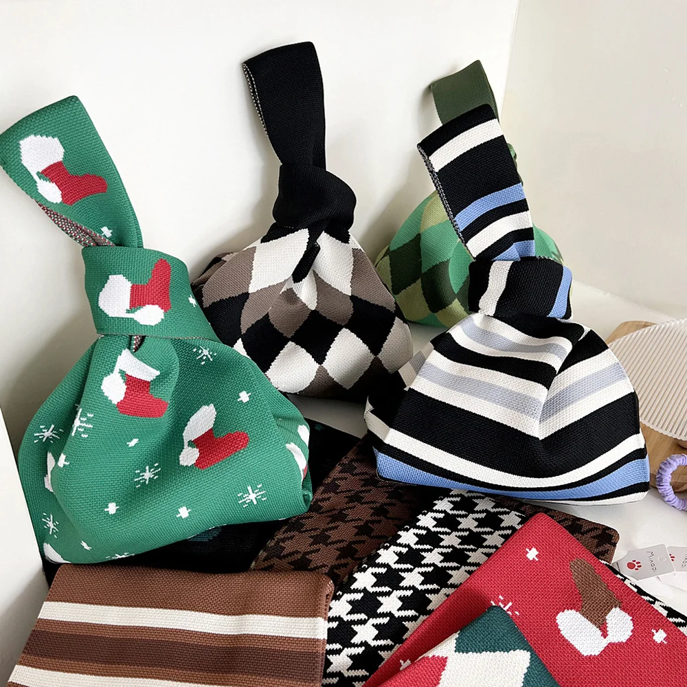 

Handmade Knit Handbag For Women Mini Knot Wrist-bag Female Casual Color Wide Stripe Plaid Tote Bag Student Reusable Shopping Bag