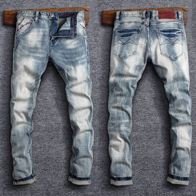 

Italian Style Fashion Men Jeans Retro Gray Blue Elastic Slim Fit Ripped Jeans Men Trousers Vintage Designer Casual Denim Pants