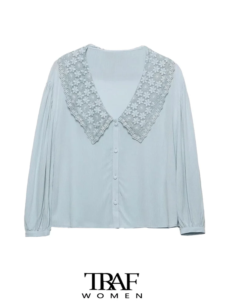 

Женская блузка с вышивкой на воротнике, длинным рукавом и пуговицами