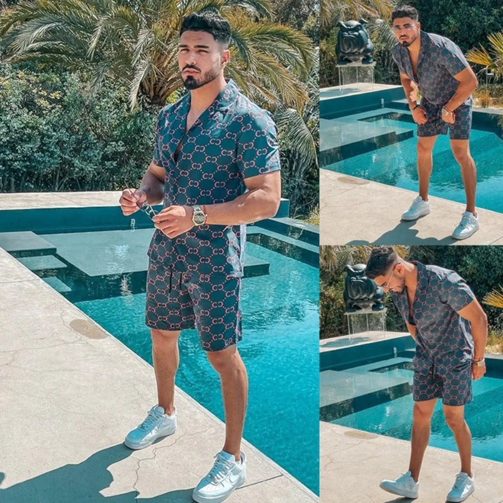 Summer Beach Loose Print Short Sleeve Men's Suit