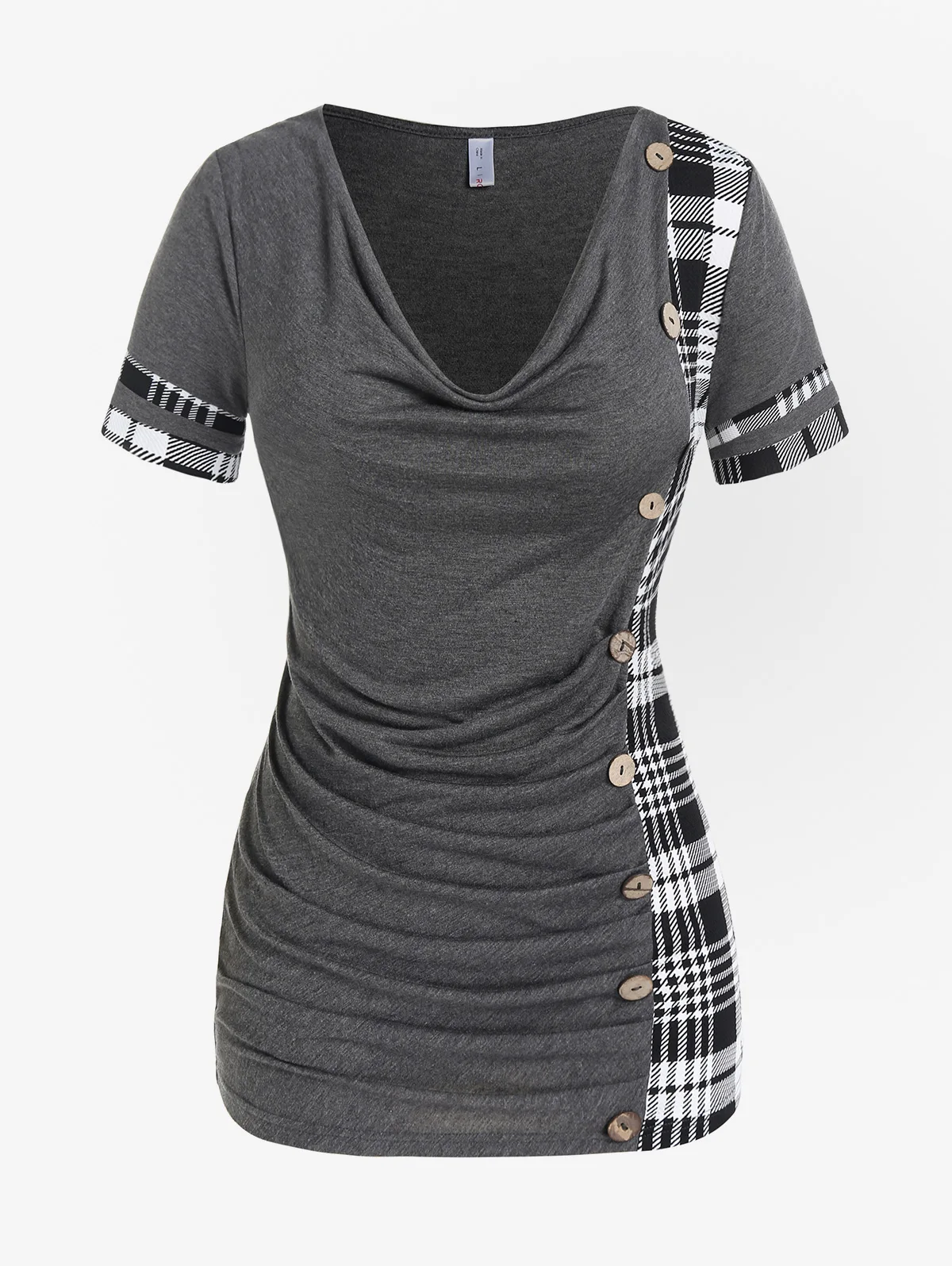 

ROSEGAL Cowl Neck T-Shirt With Buttons Ladies Plaid Ruched Short Sleeve Casual Blouson Top Elastic Women Tee Gray