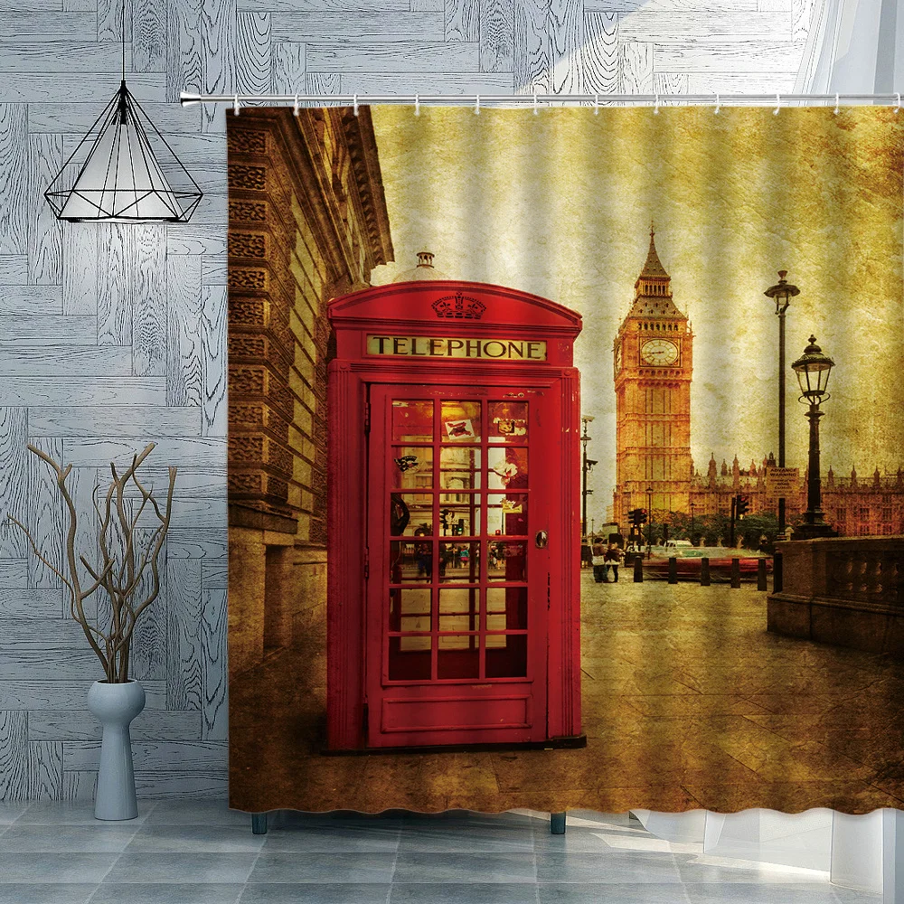 

London Big Ben Red Telephone Booth Retro Bathroom Shower Curtain Waterproof Polyester Fabric Home Decoration Art Bath Curtains