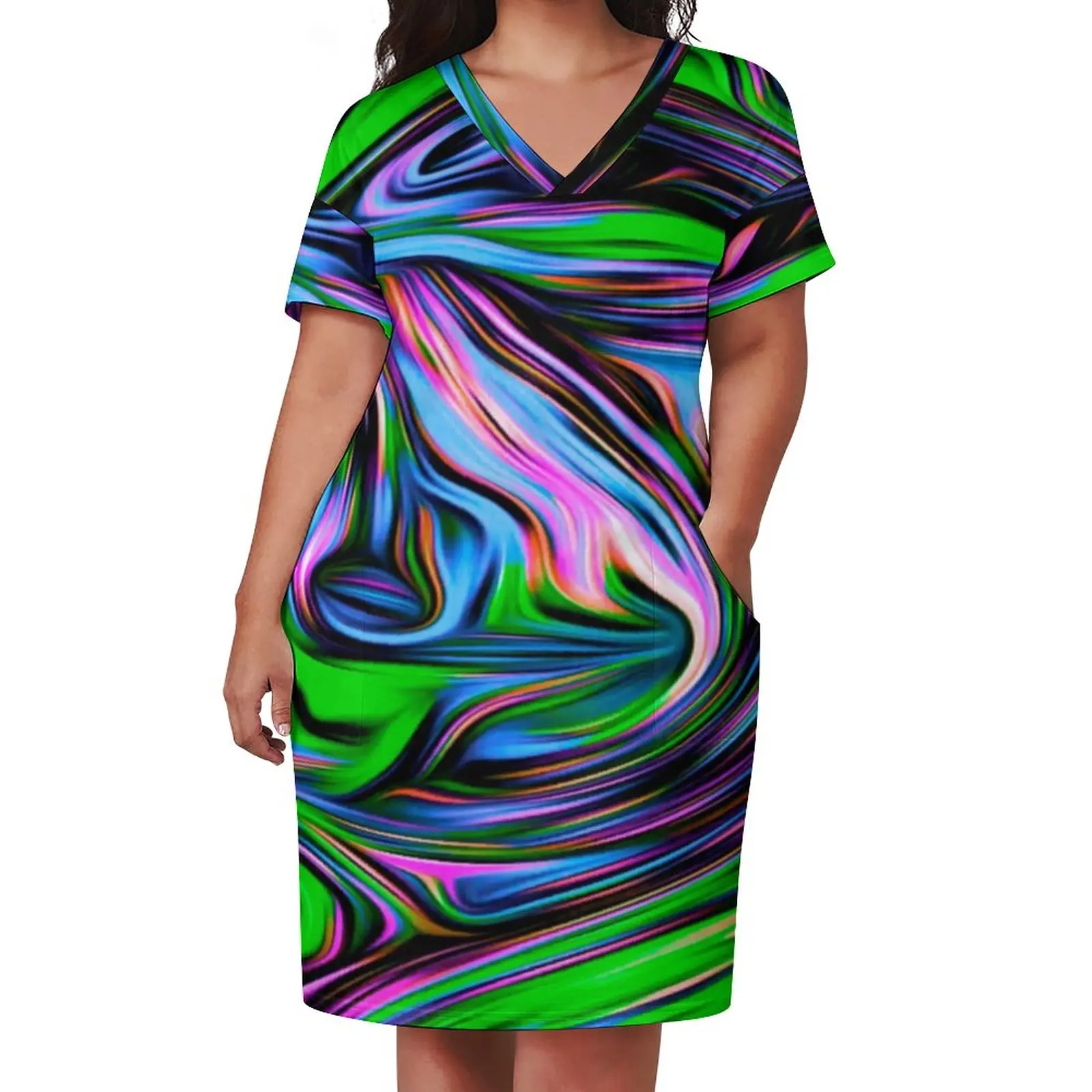Neon Paint Swirl Dress V Neck Colorful Liquid Print Sexy Dresses Women Street Fashion Casual Dress With Pockets Plus Size 5XL