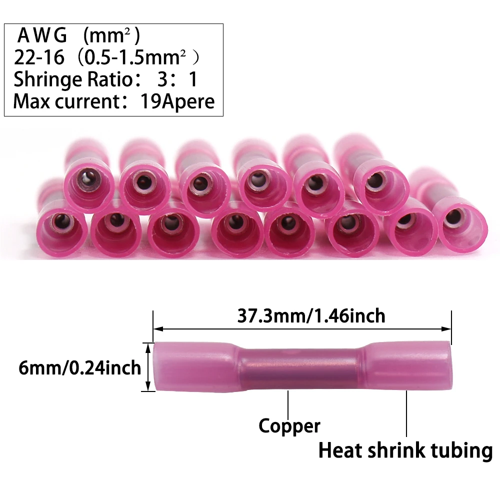 

100/200/500 шт. BHT1.25 красный термоусадочные стыковые соединители 22-16 AWG электрические изолированные водонепроницаемые обжимные клеммы