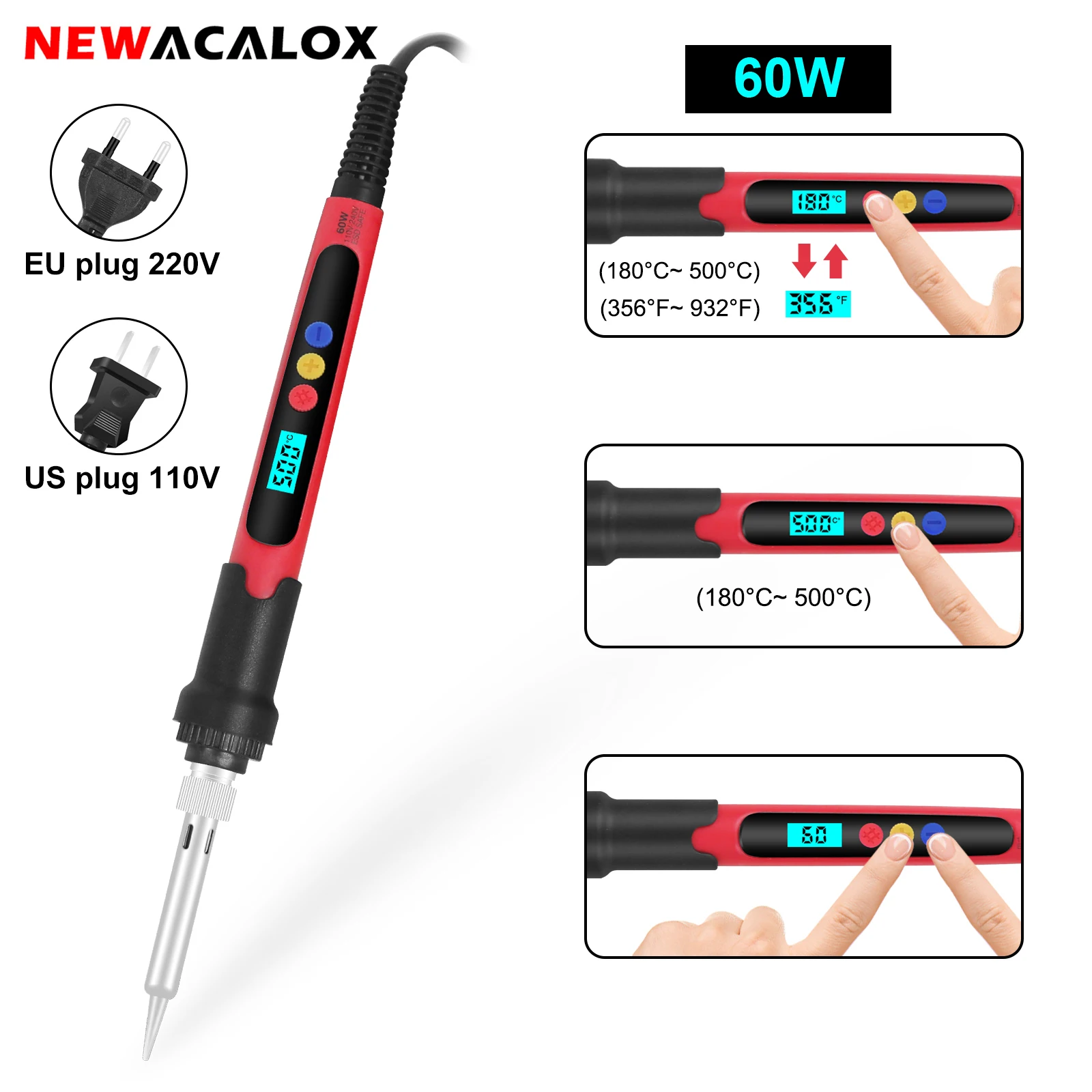 Паяльник NEWACALOX, 60 Вт, ЖК-дисплей, мини-паяльная станция с регулируемой температурой и ℃/℉, инструмент для сварки и ремонта, 110 В, 220 В
