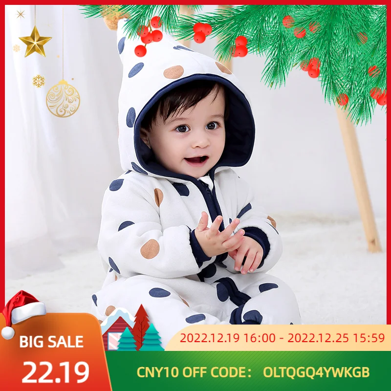 Winter Jumpsuit Kids Baby Hoods 0-24M Warm Cotton Clip Thicked Long Sleeve Zipper Dots Baby Girl Clothes For New Born Romper