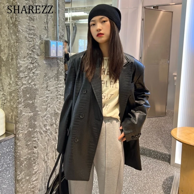 

Crocodile PU Leather Black Jacket Female Oversize Coat Women's Spring Y2K Street High Strert Loose Casual Suit Outwear Female
