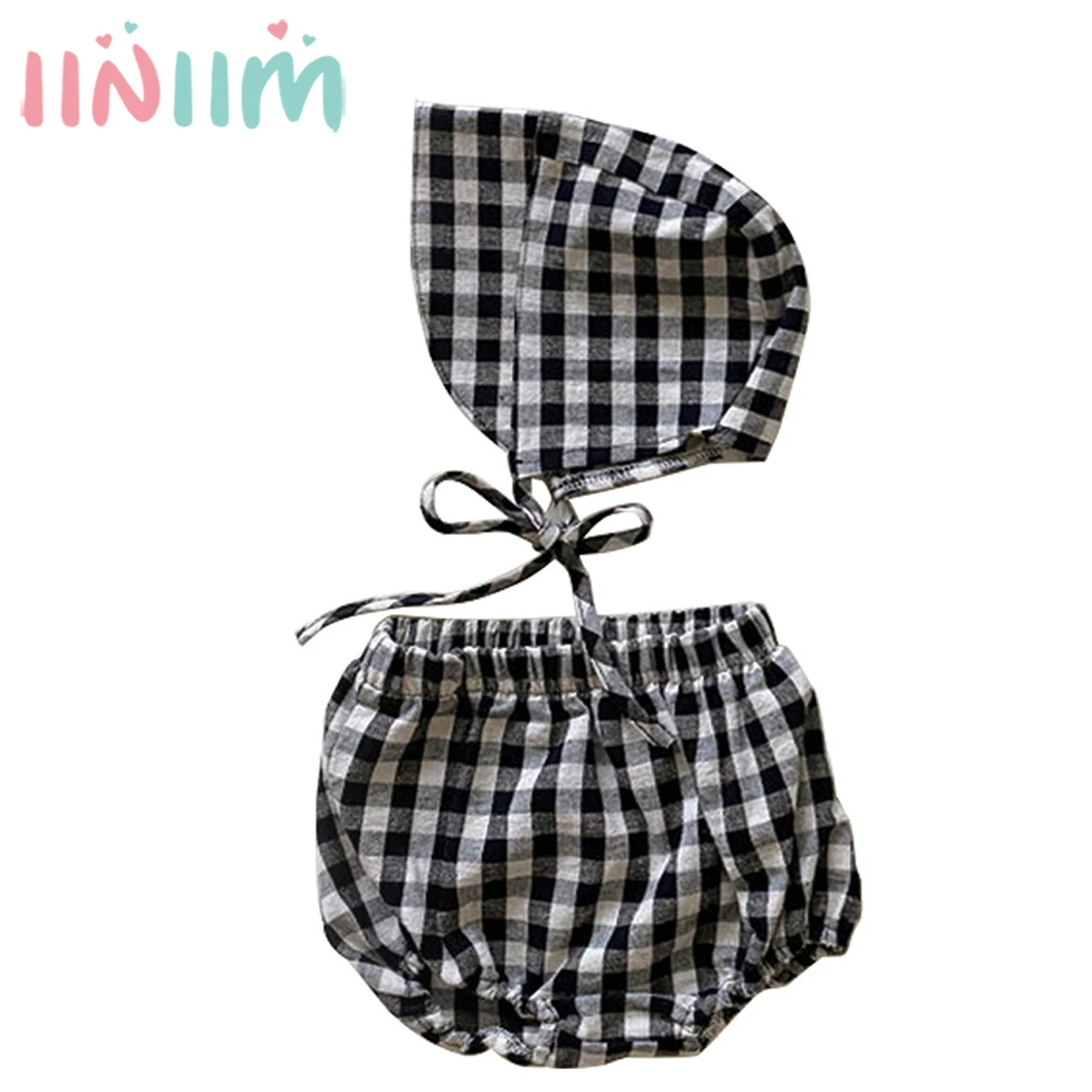 

Baby Girl Plaid Bloomer with Hat Baptism Costume Elastic Band Diapers Cover Self-tie Hat Infant Shower Gift Photography Prop