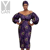 dashiki african dresses for women sexy v neck knee length cotton latern sleeve slim print dress with turban headtie y2225046