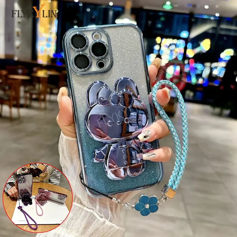 Фото Роскошный чехол для телефона с блестящим кроликом и зеркалом для MOTO G14 G13 G23 G73 G72 G62 G60 G42 G53 G24 G32 G22 G50 Четырехлистный клеверный веревка №2