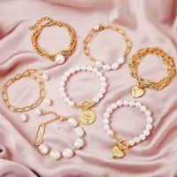 fashion chain link bracelets couple bracelet for women retro bohemian white baroque pearl gold color heart coin photo box ins
