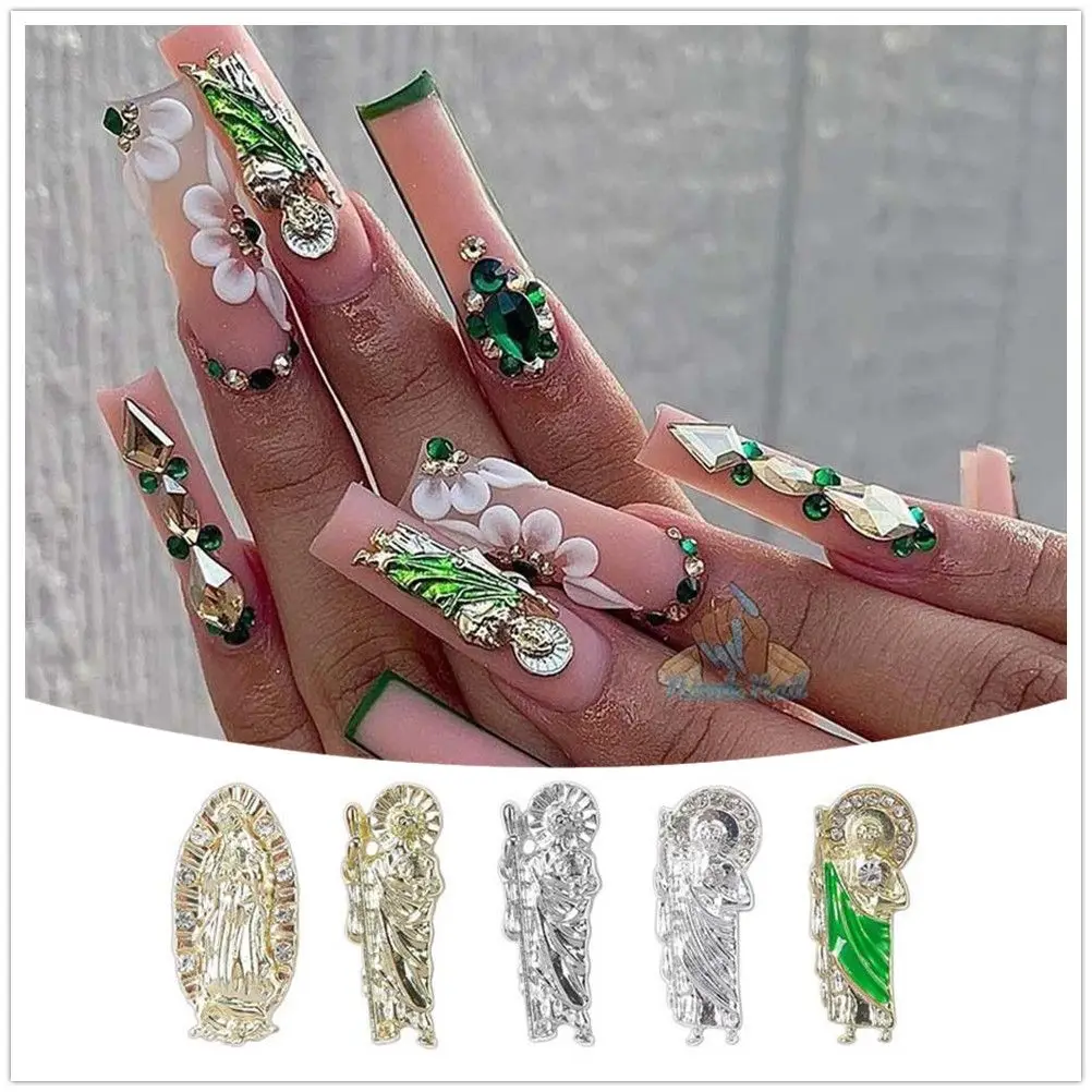 

5Pcs Virgin Mary Nail Charms Metal 3D Diamond Metal Emerald Green Nails Art Alloy Manicure Buddha Statue Jewelry Accessories