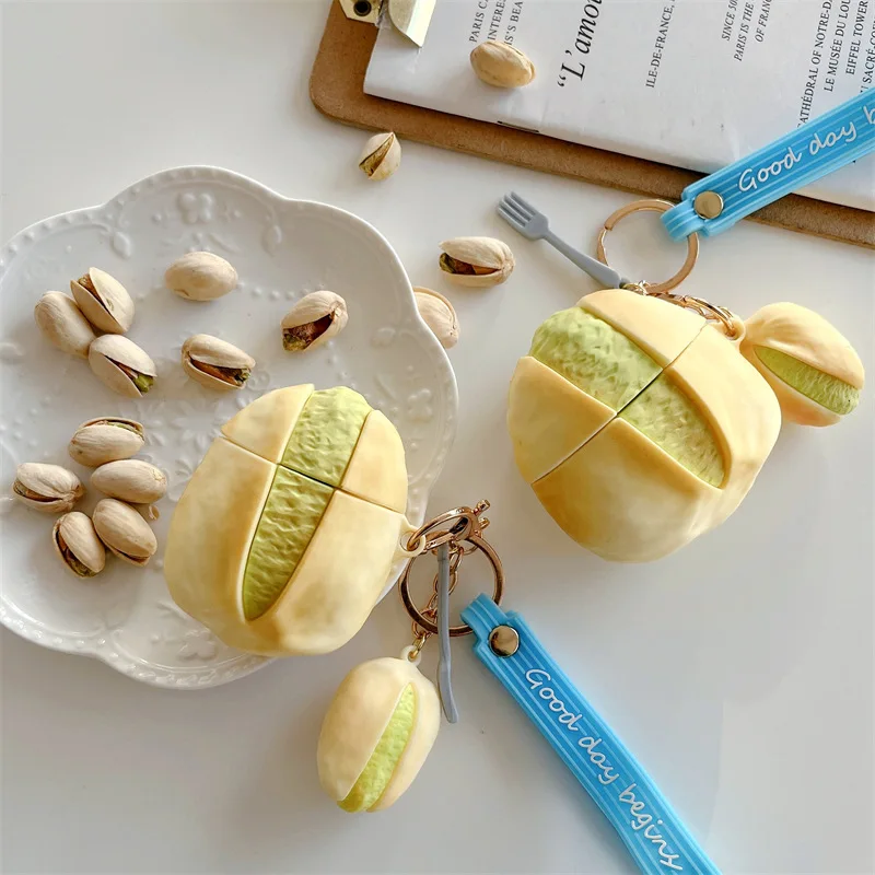 

New 3D Funny Pistachio with Keychain Silicone Wireless Headset Bluetooth Case For Apple AirPods 1 2 3 2021 Cover For Airpods Pro