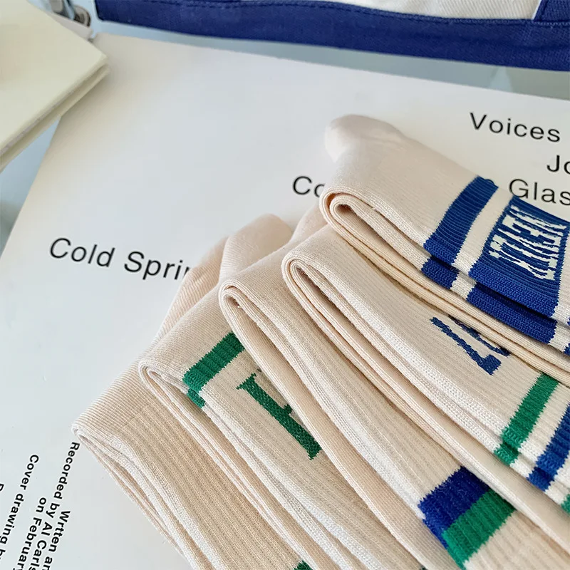 5 PCS Fashion New Sports Casual Basketball Cotton Socks Smiple Stripe Letter Cartoon White Cotton Socks Set for Women