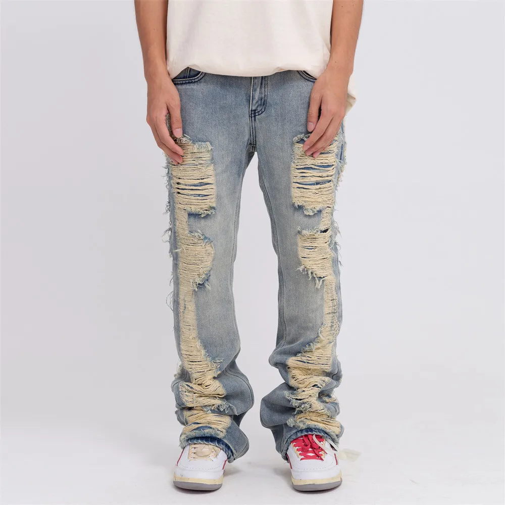 Ripped Hole Retro Washed Mens Jeans Streetwear Distressed Casual Baggy Denim Trousers Harajuku Straight Vibe Style Jeans Pants