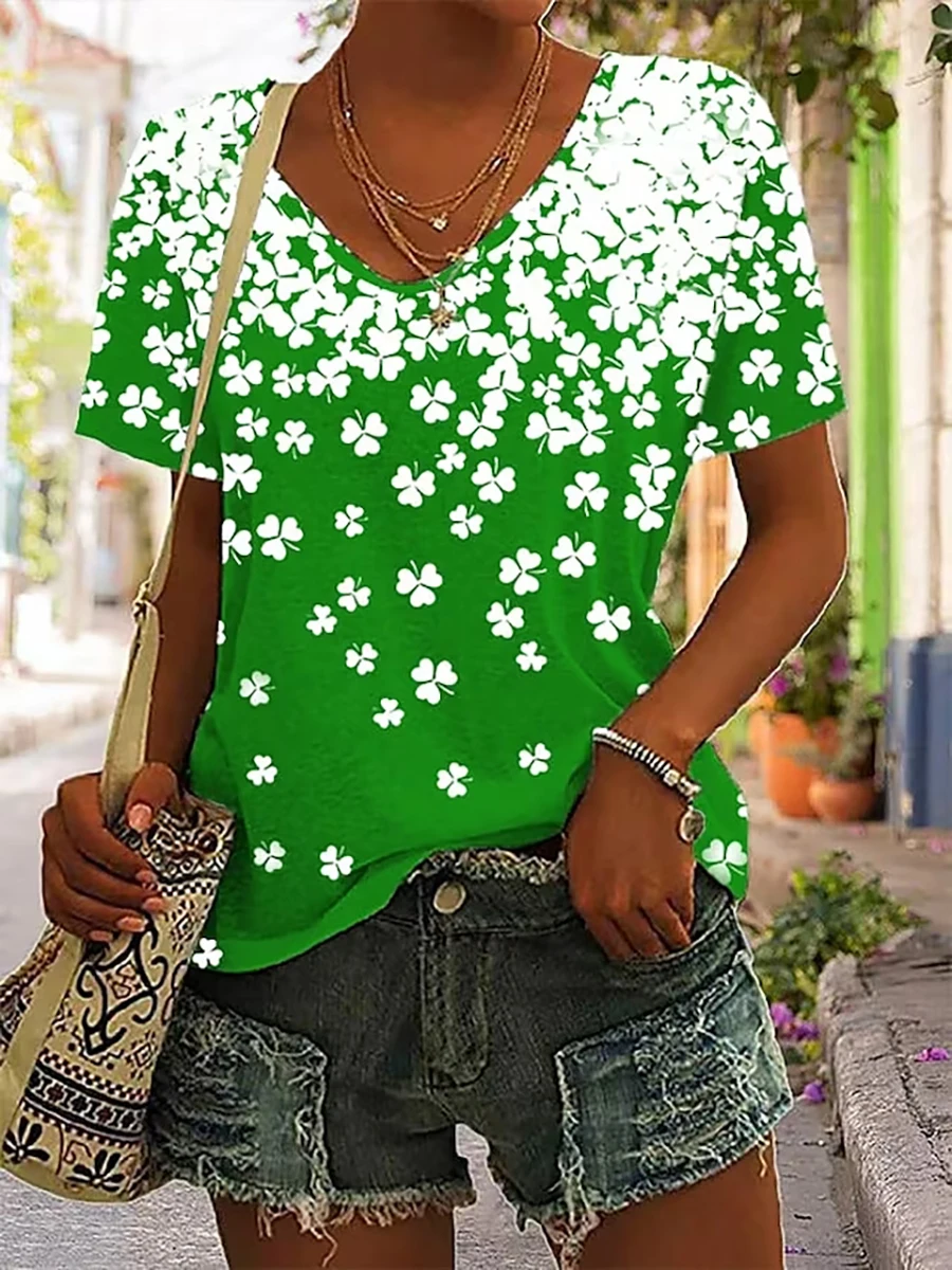 Spring New V-neck Button Quality Dazzling Clover Print Women's Casual Short Sleeve Workwear Comfortable Short Sleeve XS-8XL 2