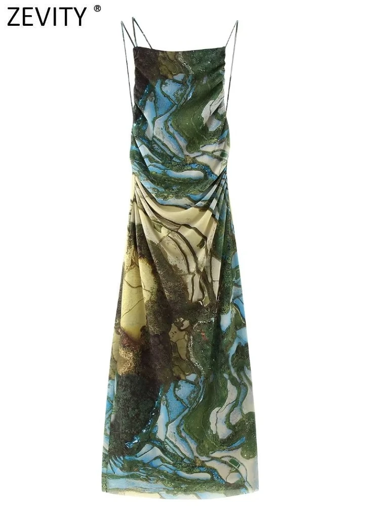 

Zevity женское модное платье миди с абстрактным принтом, открытой спиной, сетчатым вырезом, женское шикарное приталенное пляжное платье на шнуровке с лямкой на шее DS3606