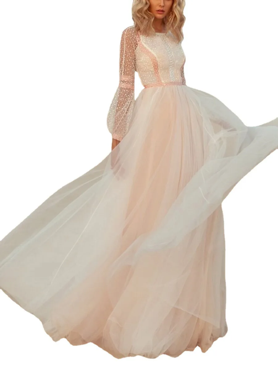 PLEINDI Luxury Evening Dresses O-Neck A-LINE Long Sleeves Floor-Length Lace 2022 New of Ruched Exquisite Prom Women Dress