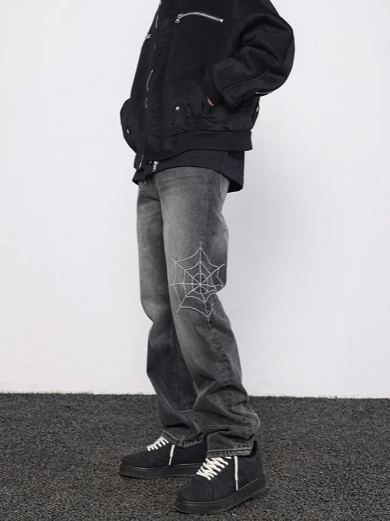 Mens Hip Hop Streetwear Denim Pants Cobweb Embroidery Denim Pants 2023 Harajuku Zipper Cotton Joggers Jeans Trousers Harem Pants