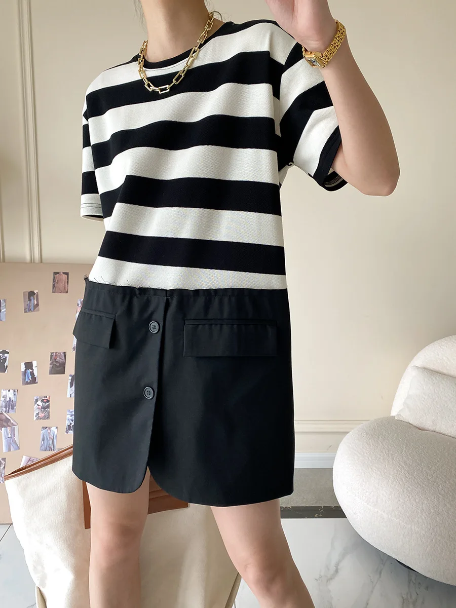 

Design stitching striped dress women's design sense niche 2022 summer new style