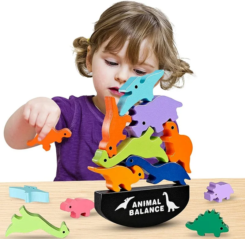 

Children Montessori Toy Wooden Animal Balance Blocks Board Games Toy Dinosaur Educational Stacking High Building Block Wood Toys