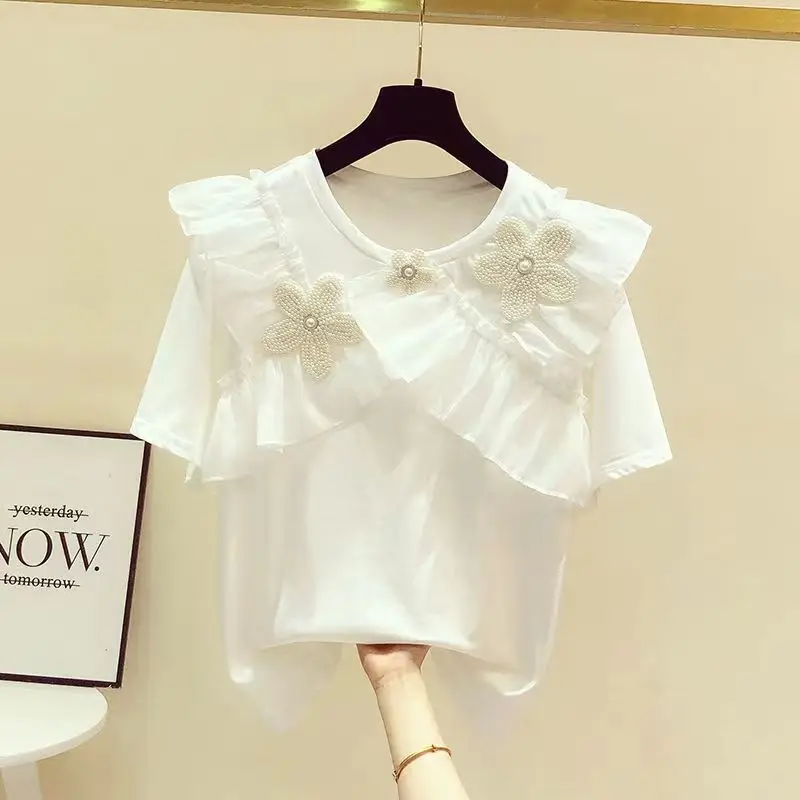 

Kids Girls' Summer T-shirt Medium Size Kids' Pure Cotton Short Sleeve 2023 Summer New Kids Baby Loose Ruffle Panel 3D Flowers