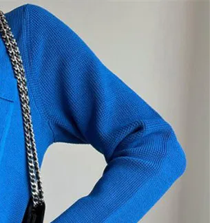 

Blue Women Short Sweater Turn-down Collar Knitwear Coat Long Sleeve Single Breasted Female Knitted Cardigan 2022 Spring