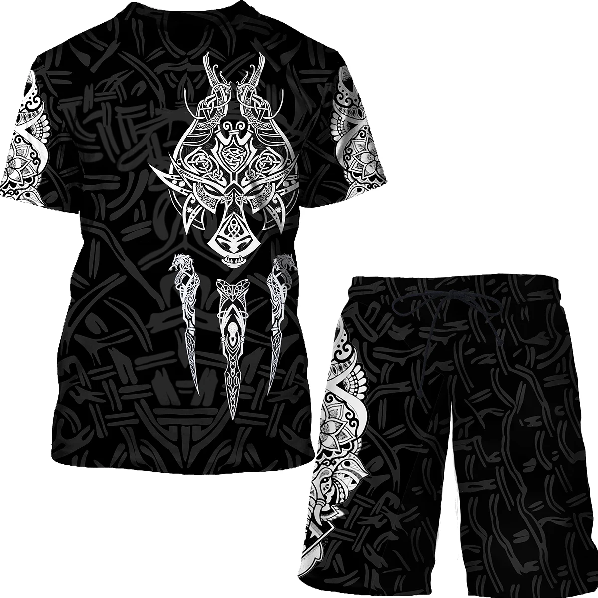 Leisure Vikings Pattern Printing Men's T Shirt Loose O-neck Short Sleeve  Casual Comfortable Shorts 2 Piece Outfit Men Clothing