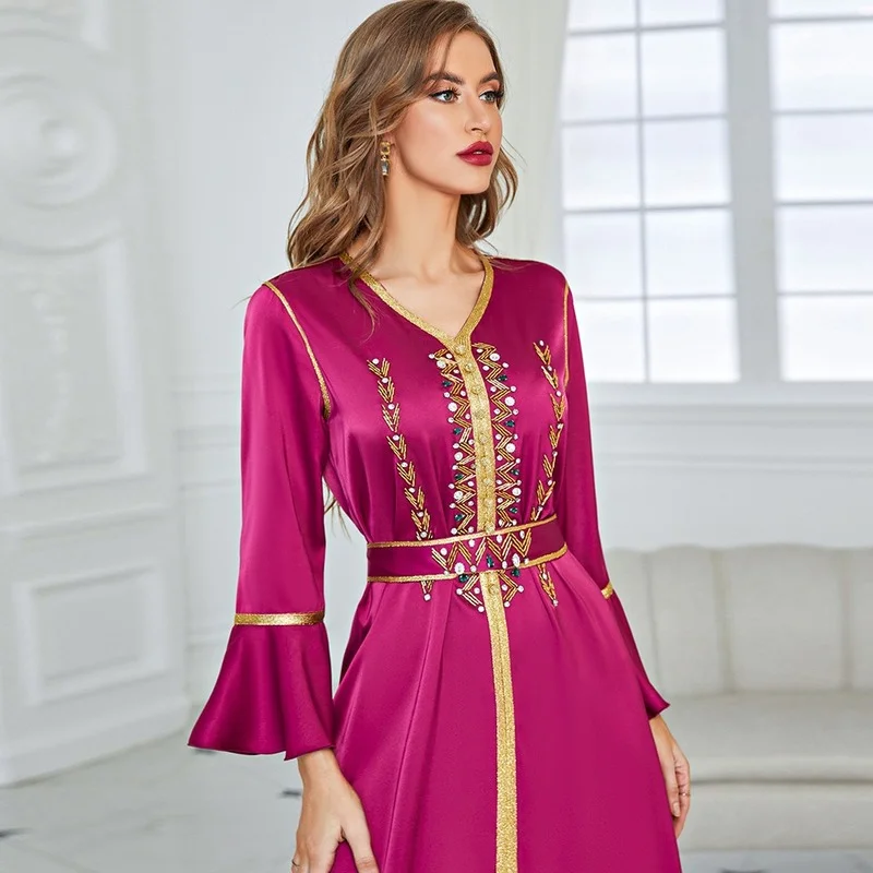Rose Red Three-quarter Sleeve Ruffled Belt Belt Heavy Sewing Drill Elegant Long Dress 2022 New Fashion Ramadan Dresses Muslim