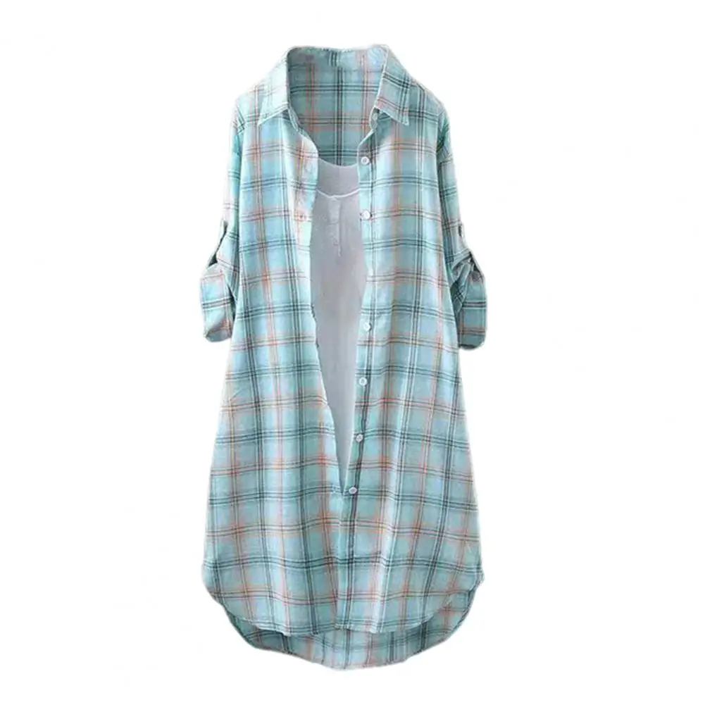

Fashion Classic Plaid Print Casual Mid-Length Shirt Blouse Breathable Women Shirt Roll-up Sleeves Streetwear