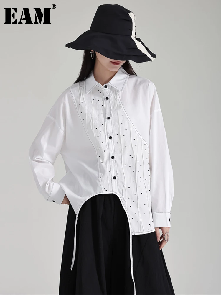 

[EAM] Женская белая Асимметричная блузка в горошек большого размера, новая свободная рубашка с отворотом и длинным рукавом, модная весенне-осенняя 2023 1DH1098