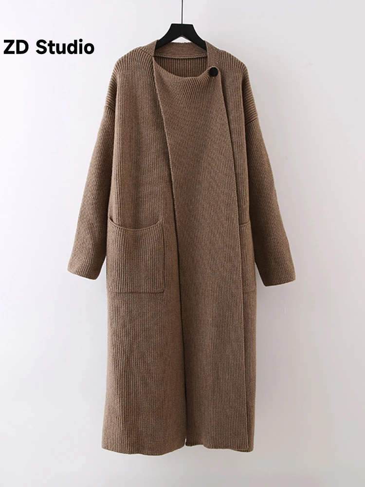 

[ZD Studio] Scarf Collar Knitted Coat For Women Single Breasted Long Sleeves Korean Retro Spliced Coats 2023 Autumn New 2YA3945