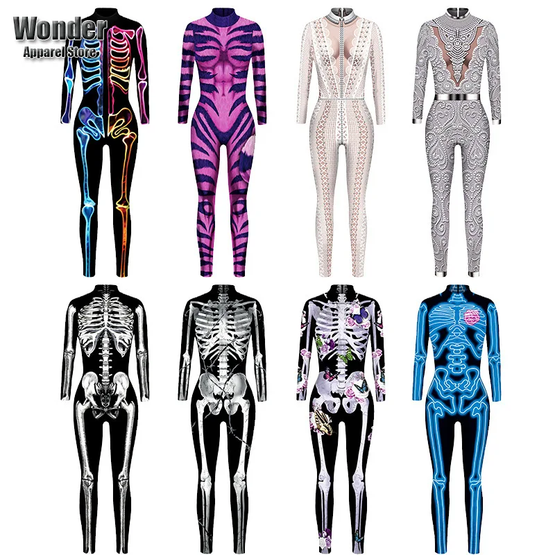 

Женский и мужской комбинезон для косплея, комбинезон с 3D-принтом скелета человека для взрослых на Хэллоуин, одежда для ролевых игр и вечерин...