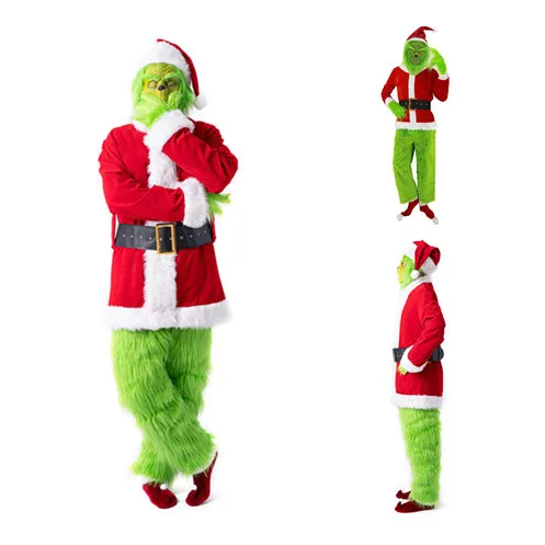 P-Jsmen Green Monster Costume for Adult 7pcs Christmas Santa Costumes With Mask Furry Santa Suit Halloween Party Outfit