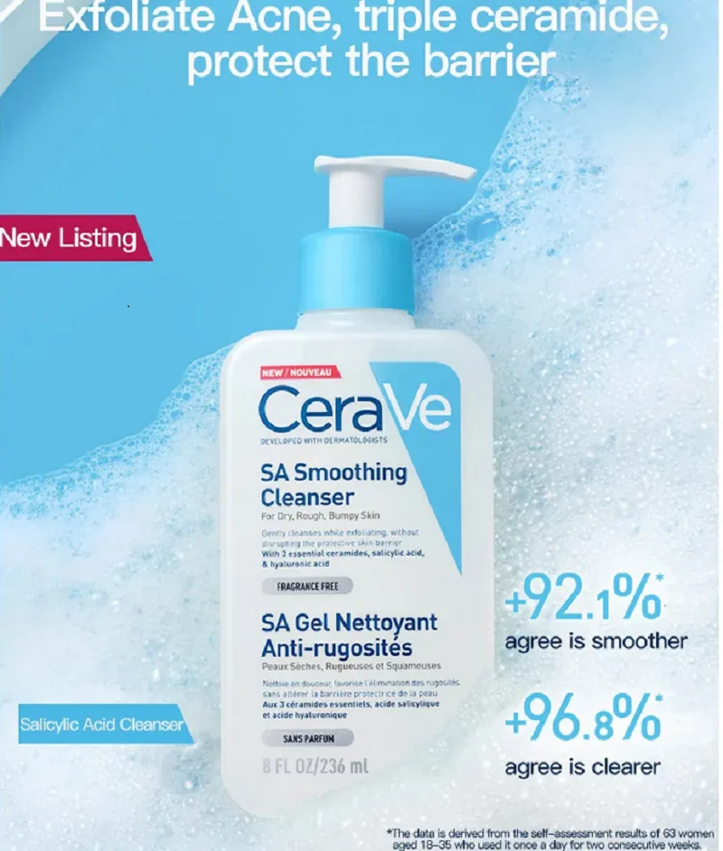 

Cerave SA Smoothing Cleanser Sa Gel Remove Blackhead Nettoyant Anti-rugosites 8FL OZ/236ml Salicylic Acid Cleanser