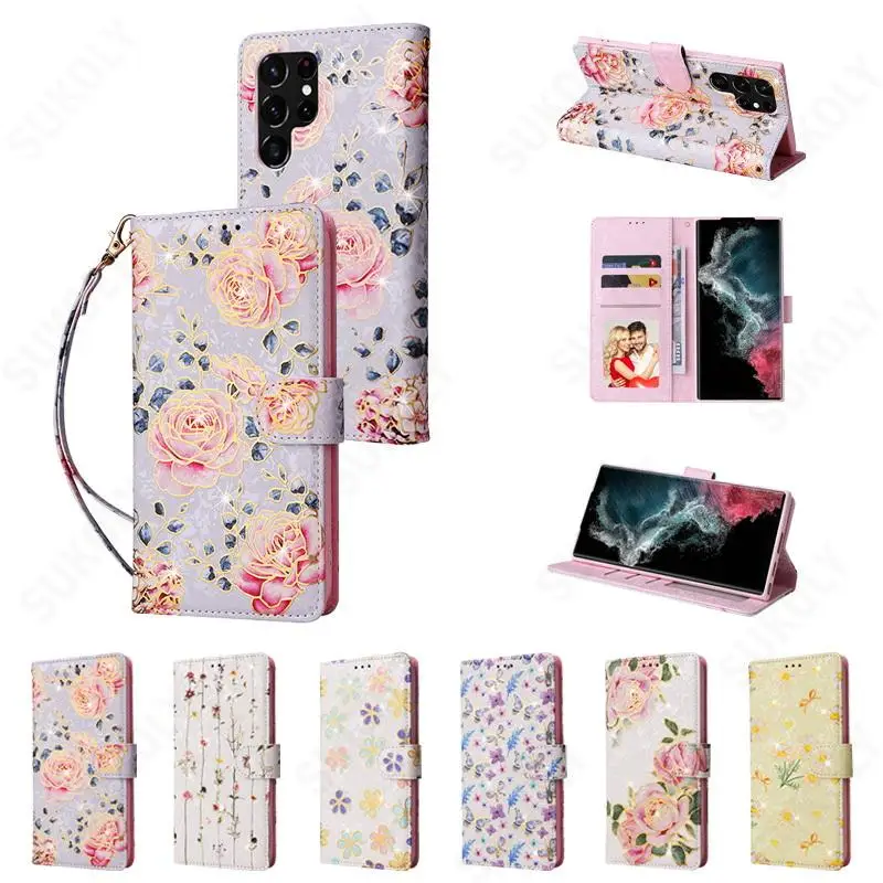 

Кожаный чехол Lanyard для Samsung Galaxy S22 Ultra S21 S20 FE S10 S9 Plus A52 A53 A33 A13 A23 A51 A12, мягкий чехол для телефона с цветами
