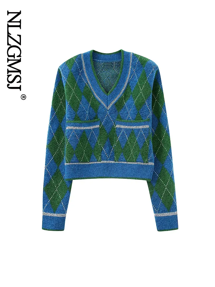 

Осень 2022, женский свободный свитер Nlzgmsj с V-образным вырезом и длинным рукавом, со стразами, мягкий вязаный джемпер, Женский Универсальный пу...