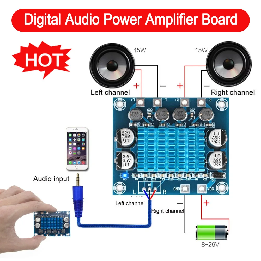 

TPA3110 XH-A232 Ultra Clear 30W+30W 2.0 Channel Digital Stereo Audio Power Amplifier Board DC 8-26V 3A For Arduino AUX Decoding