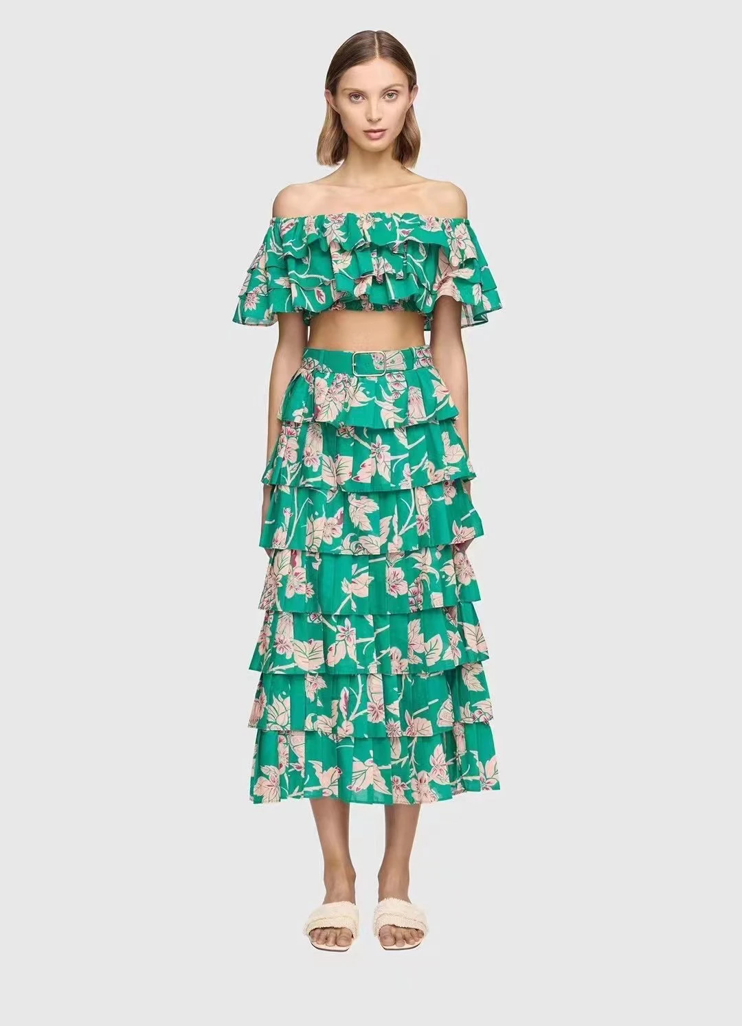 

Flower Print Women Silk Cotton set Slash Collar Strapless Bra Top+ Ruffles Multi-layer Pleated Cake Skirt